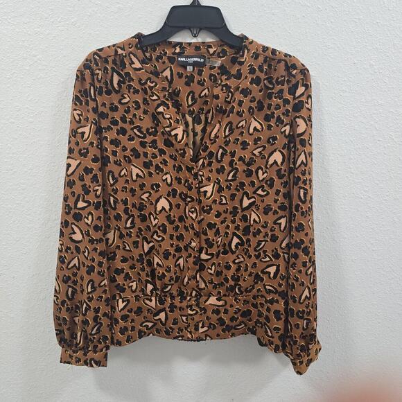 Karl Lagerfeld Leopard Heart Print Blouse Brown Size L Long Sleeve Smocked - Picture 3 of 13
